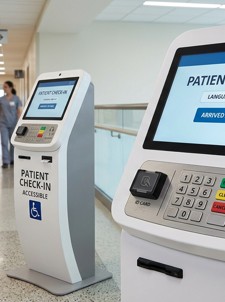 Patient self check-in kiosks in a hospital corridor