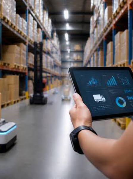 Warehouse operator using a rugged tablet dashboard beside an autonomous mobile robot
