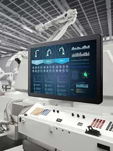 Industrial HMI control panel monitoring a robotic factory automation line
